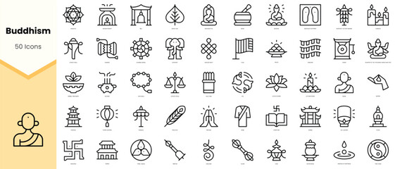 Set of buddhism Icons. Simple line art style icons pack. Vector illustration