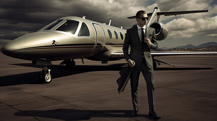Smiling businessman with private plane on background. Business jet exterior. Generative AI