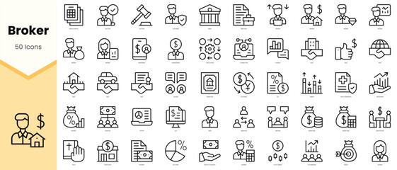 Set of broker Icons. Simple line art style icons pack. Vector illustration