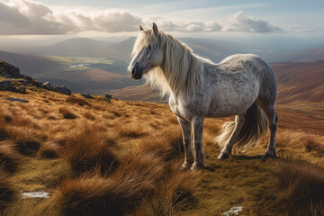 Captured within National Park, a untamed Welsh Mountain Pony roams freely. Generative Ai, Ai.