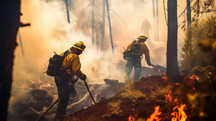 Firefighters fighting flames of a forest fire during summer