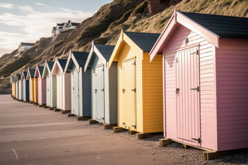 Fototapeta na wymiar A row of charming beach huts, offering a delightful seaside view. Generative Ai, Ai.