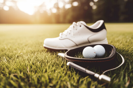 Golf equipment on the green grass, close up 
