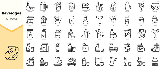 Fototapeta na wymiar Set of beverages Icons. Simple line art style icons pack. Vector illustration