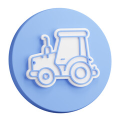 3D button rendering of Agricultural tractor. Transport and equipment for transporting agricultural products on field. Realistic blue white PNG illustration isolated on transparent background