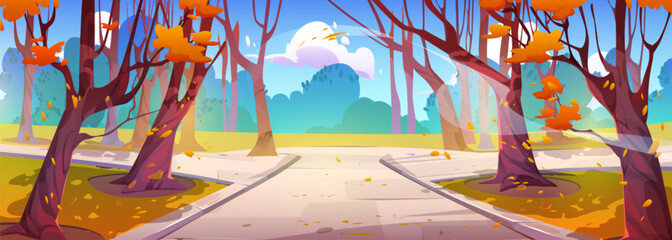 Naklejka premium Autumn forest park road street cartoon landscape. Garden nature scenery walkway drawing environment illustration in fall season. Orange public alley with footpath and falling leaves in september