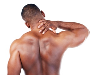 Healthcare, back and man with a neck injury, accident or pain for medical emergency. Sports, exercise and African male athlete with muscle tension after workout isolated by transparent png background