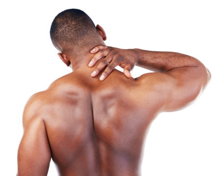 Healthcare, back and man with a neck injury, accident or pain for medical emergency. Sports, exercise and African male athlete with muscle tension after workout isolated by transparent png background - Powered by Adobe