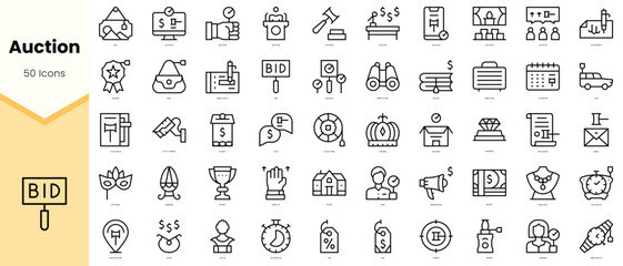 Set of auction Icons. Simple line art style icons pack. Vector illustration