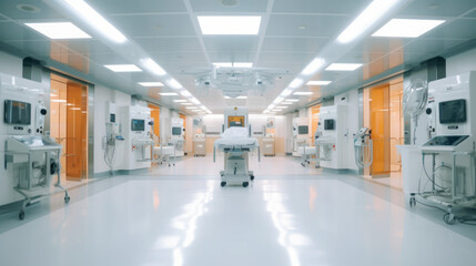 Interior view of an empty modern hospital full of medical equipment
