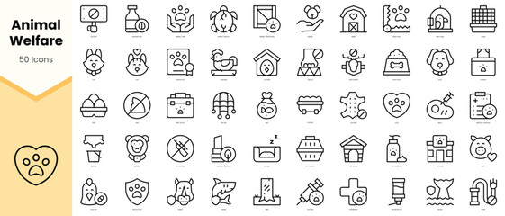 Set of animal welfare Icons. Simple line art style icons pack. Vector illustration