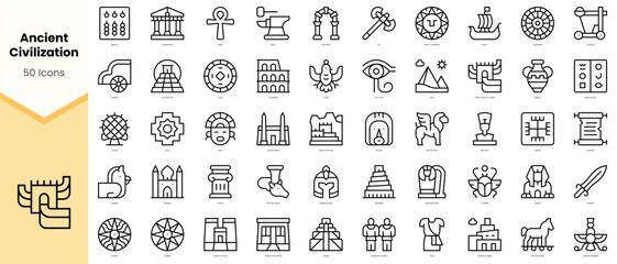 Set of ancient civilization Icons. Simple line art style icons pack. Vector illustration