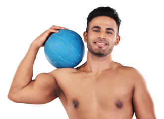 Portrait, fitness and medicine ball with a shirtless man isolated on a transparent background for health. Exercise, wellness and body with a young male athlete holding sports equipment on PNG