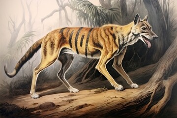 Obraz na płótnie Canvas A Lost Species: The Tasmanian Tiger, a Primitive and Carnivorous Marsupial: Generative AI