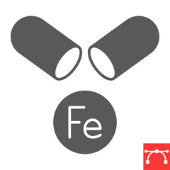 Iron supplement glyph icon, minerals and vitamins, capsule with ferrum vector icon, vector graphics, editable stroke solid sign, eps 10.