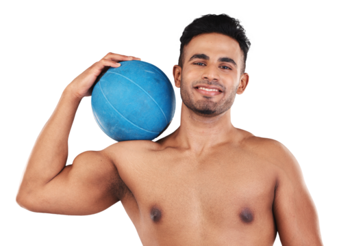 Portrait, fitness and medicine ball with a shirtless man isolated on a transparent background for health. Exercise, wellness and body with a young male athlete holding sports equipment on PNG