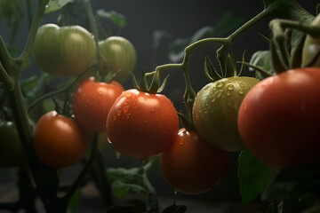 Branches of ripe farm red tomatoes with water drops, Generative AI 1
