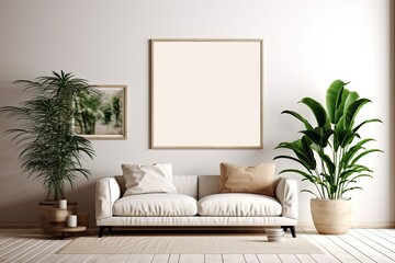 Luxurious Living Room with Contemporary Beige Furniture, Ornamental Canvas, and Two Green Plants: Generative AI
