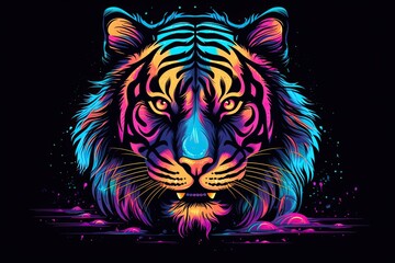 Wild and Neon: Striking Animal Tiger Illustration with Psychic Wave Accent: Generative AI