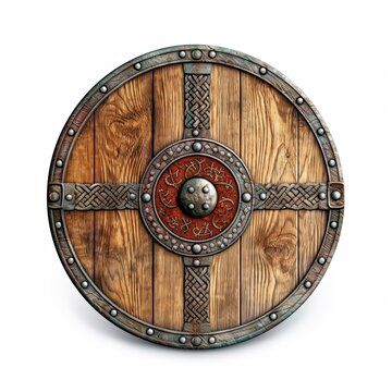 Retro Viking Protection: An Old Wooden Shield Isolated on White Background: Generative AI