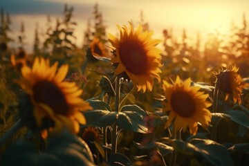 Close up Sunflowers at sunset, floral background, Generative Ai