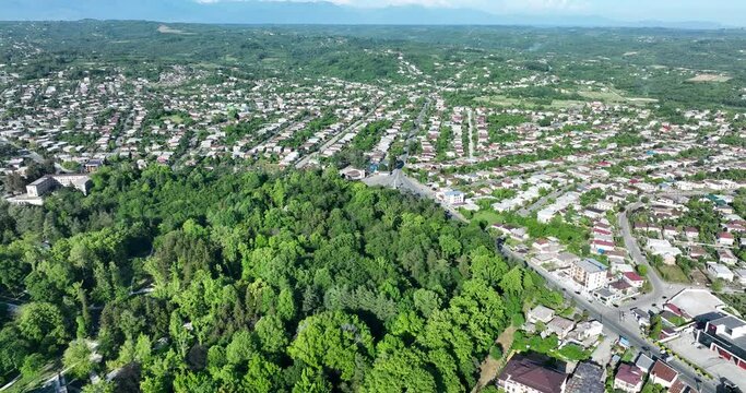Flying over the center of Zugdidi city in Samegrelo. Georgia
