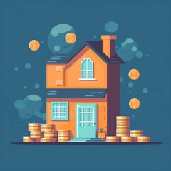 house, blue background, house and money, property prices, rising prices, vector graphic