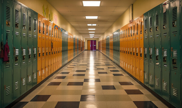 Empty school hallway with storage cabinets. Created using generative AI tools