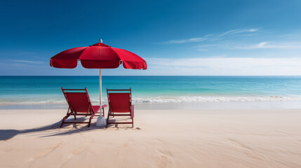 Two red beach chairs and an umbrella on a beautiful white sand beach in front of the ocean on sunny day