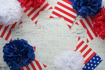 4th of July background. USA paper fans, Red, blue, white stars,  balloons, gold confetti on white...