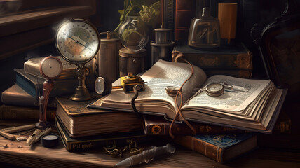 Books and imagination still life. Generative Ai