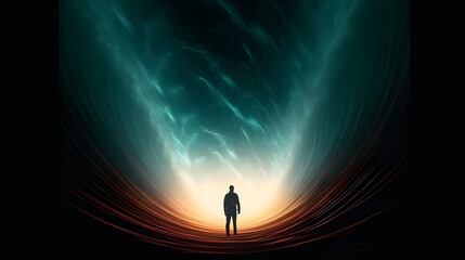 Staring into the abyss. Light at the end of the tunnel. Abstract silhouette background wallpaper.