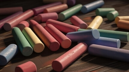 Small school wooden blank blackboard and chalks. Generative Ai