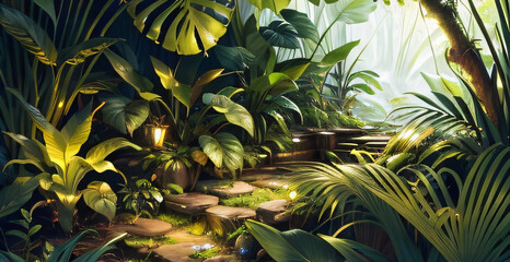 The jungle nature background is cosmetic against the Green tropical forest with exotic plants trees big leaves generative ai