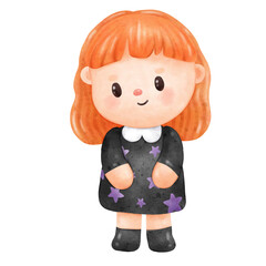 child Little girl, witch, orange hair, black shirt with stars pattern Halloween Pumpkin 
