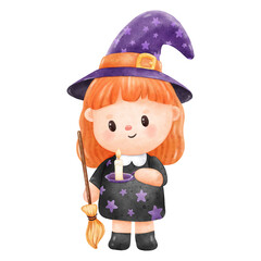 child in halloween costume little girl halloween witch orange hair star pattern black shirt and holding candles and brooms