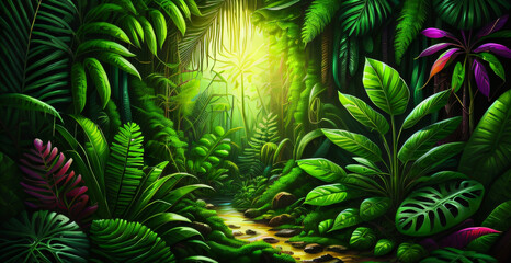 Fototapeta na wymiar The jungle nature background is cosmetic against the Green tropical forest with exotic plants trees big leaves generative ai