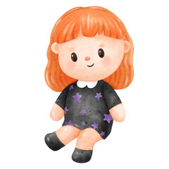 child Little girl, witch, orange hair, black shirt with stars pattern Halloween Pumpkin 