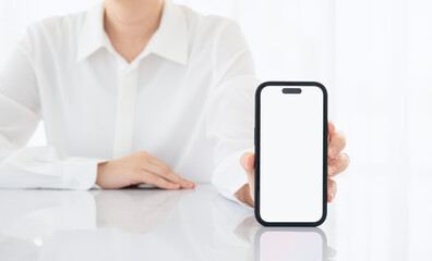 Phone screen, mockup and woman hand for business mobile app, ui ux design or product placement space. Website, social media person and online career professional show smartphone or cellphone mockup