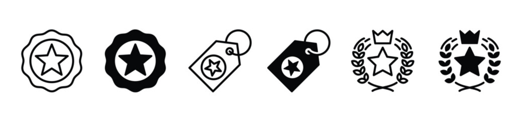 Brand line and flat icon set. Label, tags, circle badge, laurel wreath with star and crown icon symbol on white background with editable stroke for apps and websites. Vector illustration