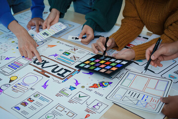 Team of Creative Web, Graphic Designer planning for mobile phone, drawing website ux ui app for...