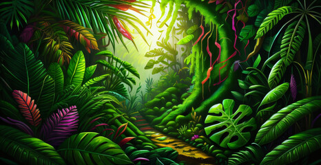 Fototapeta na wymiar The jungle nature background is cosmetic against the Green tropical forest with exotic plants trees big leaves generative ai