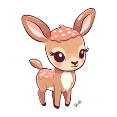 Cute adorable cute little baby deer character with big eyes Fawn sticker isolated on white background. Hand drawn cartoon vector illustration fairy animal kawaii chibi new year