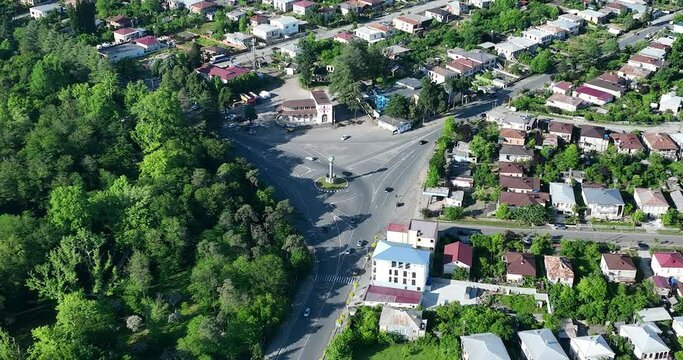 Flying over the center of Zugdidi city in Samegrelo. Georgia