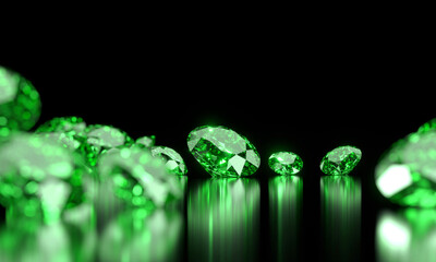 Green Emerald Diamond Group on Glossy Background Soft Focus 3d illustration