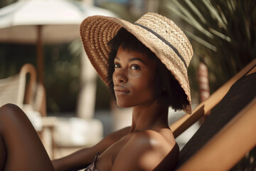A beautiful African American woman in a hat lies on a sun lounger by the pool. 