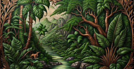The jungle nature background is cosmetic against the Green tropical forest with exotic plants trees big leaves generative ai