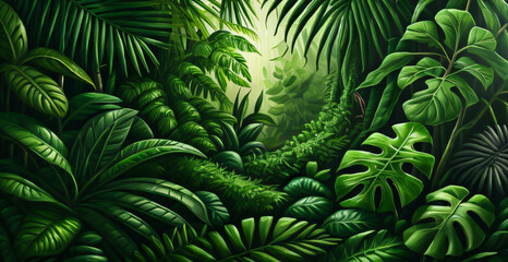 Naklejka na ściany i meble The jungle nature background is cosmetic against the Green tropical forest with exotic plants trees big leaves generative ai