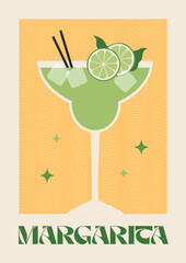 Poster drink. Cocktail art. Margarita. Retro posters with alcohol cocktails. 90s 80s 70s groovy posters. Modern trendy print. Drink with fruit and ice.