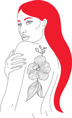 Modern line art vector illustration of beautiful woman with long hair and orchid tattoo. Fashion and beauty 